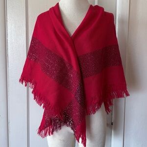 Vintage Red & Sparkly Gold Scarf / Shawl / Wrap with Fringe